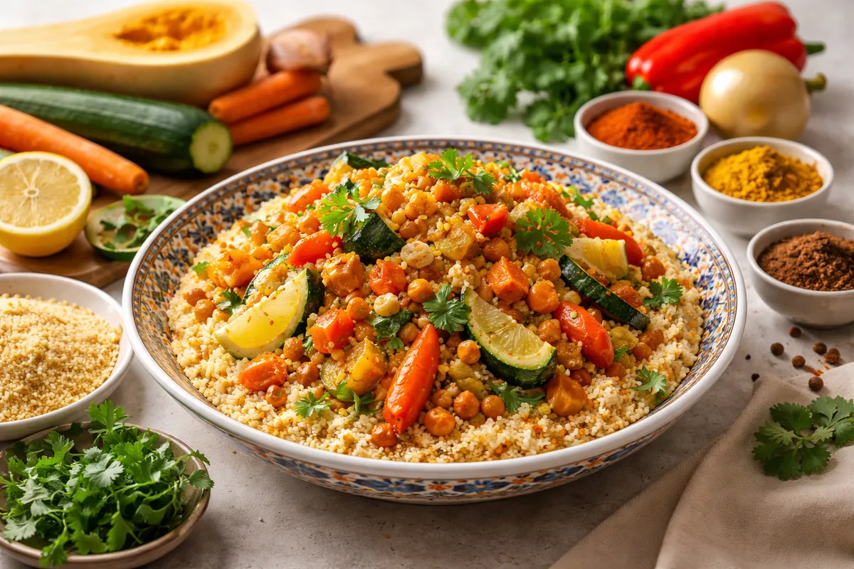 Comment préparer un plat de couscous aux légumes et aux épices pour 4 personnes
